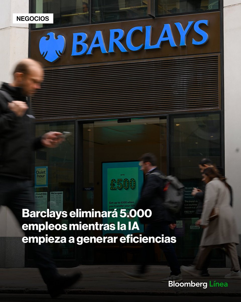 BloombergLinea_'s tweet photo. Barclays eliminará 5.000 empleos, cerca del 5% de su plantilla global, como parte de un plan para reducir costos. El banco británico señala que la inteligencia artificial comienza a generar eficiencias operativas.

¿Qué papel está jugando la inteligencia artificial en la transformación de Barclays? Conoce los detalles: https://t.co/UpORQVxsnZ

📷: Jaimi Joy/Bloomberg