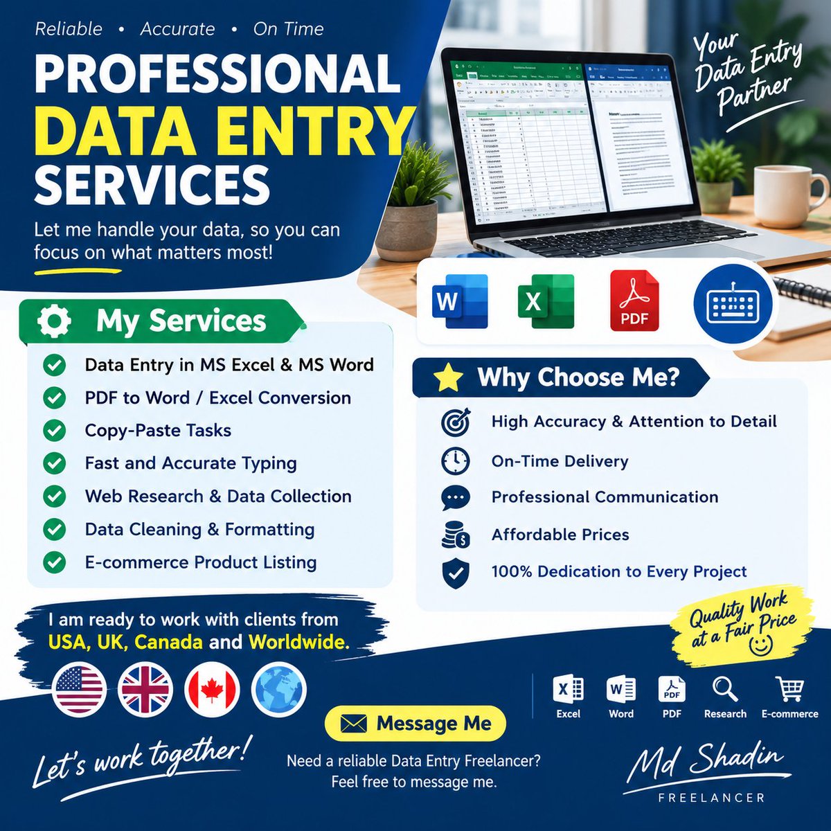 samiullah658's tweet photo. 💻 Professional Data Entry Freelancer

✅ MS Word &amp; Excel
✅ PDF to Word/Excel
✅ Web Research &amp; Data Collection
✅ Copy-Paste &amp; Product Listing

🌍 Available for clients worldwide!
📩 DM me for work opportunities.

#DataEntry #Freelancer #RemoteWork #Hiring https://t.co/G9Q3tNcnhv