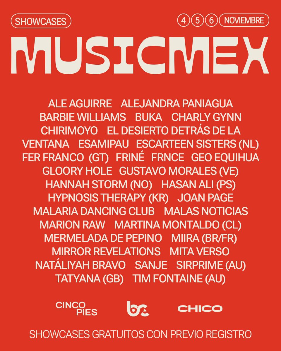 musicmexcdmx's tweet photo. ¡Ya están aquí los talentos que se presentarán en los showcases y actividades de MUSICMEX 2026! 🔥🎤

🎟️ Consigue tu ‘Pase de Delegado’ o regístrate gratuitamente en https://t.co/FYQWfEYrqa para tener acceso a todos los showcases para no perderte ninguno de esta edición https://t.co/2ZUq7isXGJ