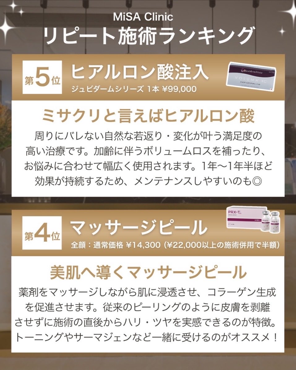MiSA_Clinic's tweet photo. シワ・たるみ・シミ・肌質改善など、幅広いお悩みに対応する人気施術がランクイン！
ぜひランキングを参考にしてみてください🥰 

皆様からのご予約を心よりお待ちしております☺️
https://t.co/6x5Nnasdel

#MiSAClinic六本木本院
#ミサクリニック
#六本木
#美容医療
#ヒアルロン酸 https://t.co/yBc6Za1TNk