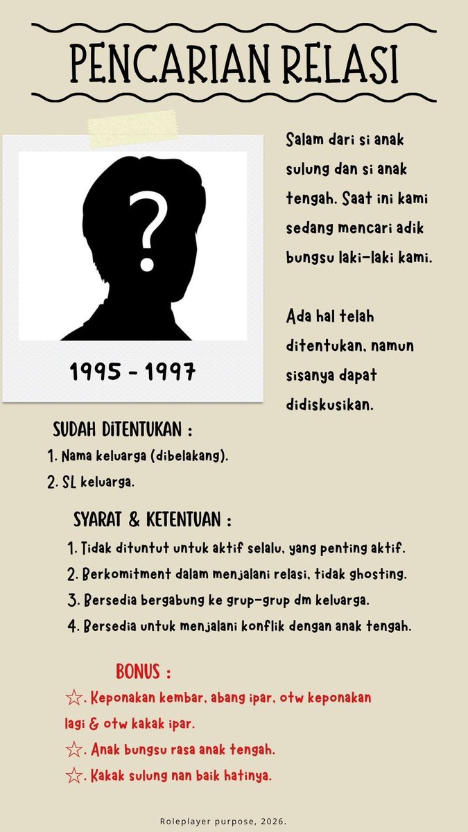 titikpendar's tweet photo. [ Bantu sebarkan 💕 ]

Keluarga kami sedang mencari 2 orang anggota keluarga, yaitu anak, dan adik. 

Kurang lebihnya seperti yang tertera pada poster &amp; sisanya masih dapat didiskusikan bersama. Sekiranya berminat, bisa langsung menghubungi saya via pesan langsung.

Terima kasih https://t.co/3dkJBGKF5M