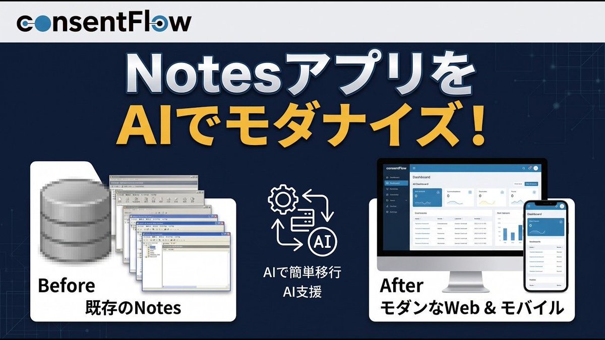 consent_flow's tweet photo. 動画を公開しました。「Notes アプリを、AI でかんたんにモダナイズ」(2 分 37 秒)。 既存の Notes アプリを、文書を移さずに Web 化する流れを、実際のウィザードの画面で紹介しています。https://t.co/KHvhjI9dB8 #consentFlow #Notes https://t.co/r3ZHNpzC8H