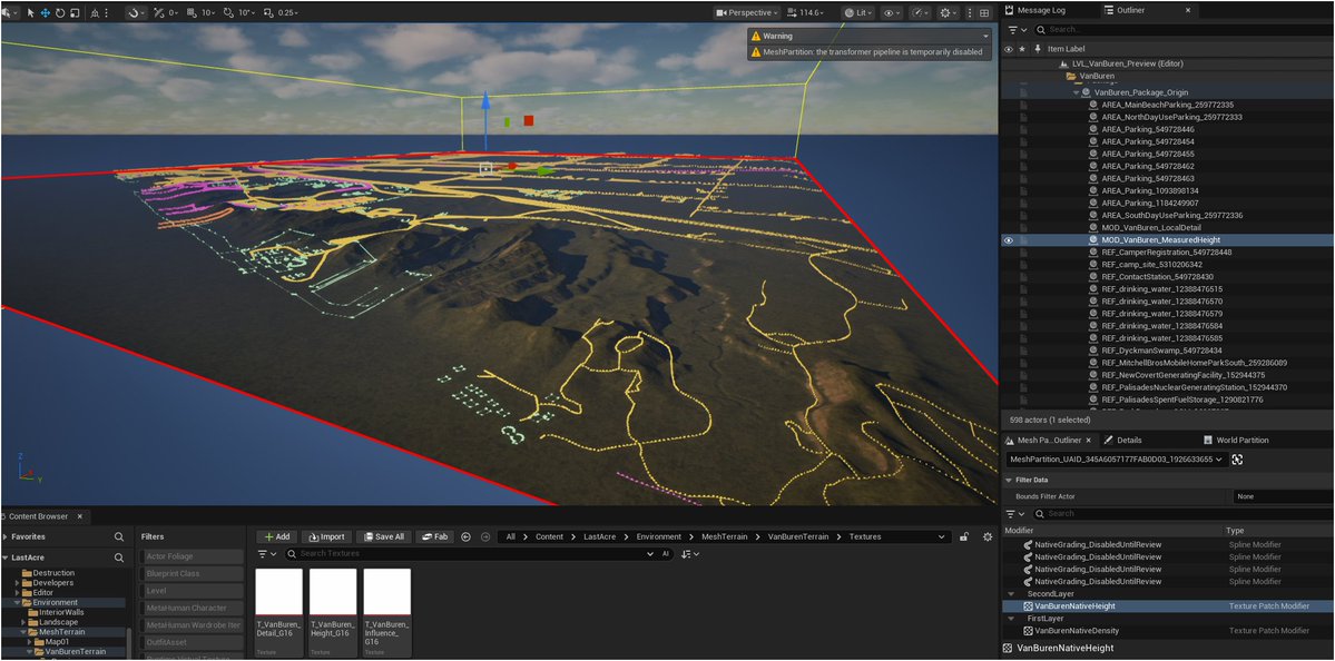 LastAcre's tweet photo. Using real world height map data inside unreal engine mesh terrain, love how easy the system is to work with. This is a small 8x5 km section going into the main map, this is just staging cleanup. This is Van Buren State Park https://t.co/GCMmoWmGhT