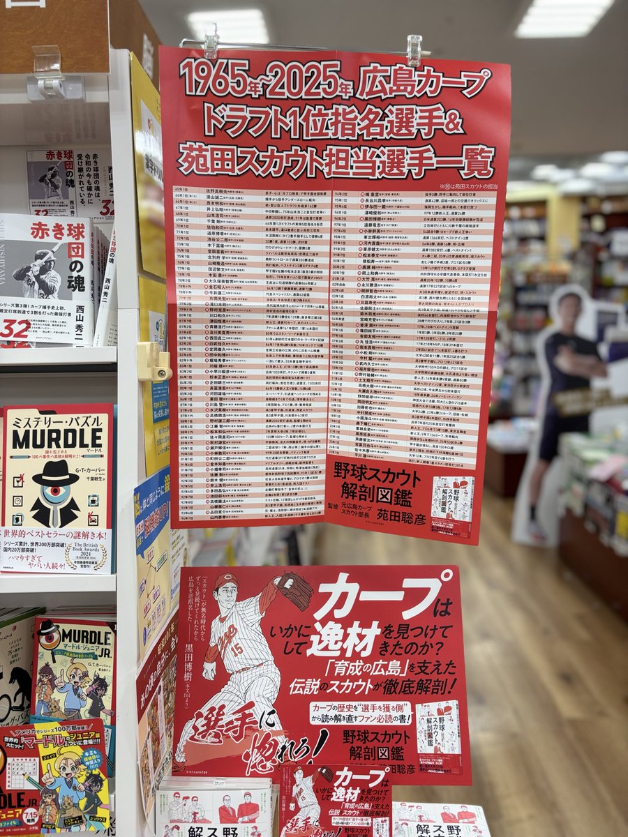 futaba_tera's tweet photo. 元カープの伝説のスカウト・苑田聡彦さんが徹底解剖❗️
『野球スカウト解剖図鑑』

1965〜2025までの広島カープのドラフト1位選手一覧ポスターも見応えあります⚾️

＃野球スカウト解剖図鑑 https://t.co/gOuUYdWKwf