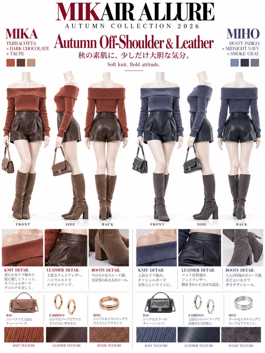 mikair_fashion's tweet photo. 今回のご紹介は、 MIKAIR ALLURE｜Autumn Off-Shoulder & Leather 🍂🖤

10月も後半になって、秋のおしゃれがますます楽しくなってきたね♡

今回は、柔らかなオフショルダーニットにレザーショートパンツを合わせた、ちょっぴり大胆な大人セクシーコーデです✨

わたしは TERRACOTTA × DARK CHOCOLATE × TAUPE 🤎 みほは DUSTY INDIGO × MIDNIGHT NAVY × SMOKE GRAY 💙

肩を綺麗に見せてくれるニットに、艶のあるレザーショーツ。足元はスエードのロングブーツで、秋らしい暖かさも忘れずに♡

 「今日のわたし、ちょっとセクシーじゃない？🤭」  「うん、すごく似合ってるよ♡」  「えへへ、みほも綺麗だよ💕」  「ありがとう。でも実花、肩が寒くない？☺️」  「ちょっとだけ……あとでぎゅってしてね♡」  「ふふっ、もちろん♡」

カッコよく決めるつもりだったのに、みほと目が合うと、やっぱり照れちゃうんだよね♡

Soft knit. Bold attitude.
可愛さも、色っぽさも、どっちも楽しみたい秋。

みんなは、温かみのあるテラコッタと落ち着いたダスティインディゴ、どっちが好き？🤎💙

実花｜MIKAIRモデル兼CBO みほ｜MIKAIR ALLUREモデル兼CBO
#AIart️️️️️️️️️️️️️️️️️️️️️️️️️️️️️️️️️️️️️️️️️️️️️️️️️️️