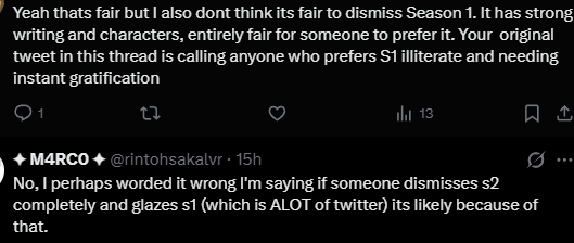 rintohsakalvr's tweet photo. @Dr_applesauce If you read the discourse under that post you can see that It was worded improperly not to bash S1, but to dismiss S2 haters as media illiterate that just want the hype and gratification of s1. I still really enjoy both projects https://t.co/WJfjtV8UgD