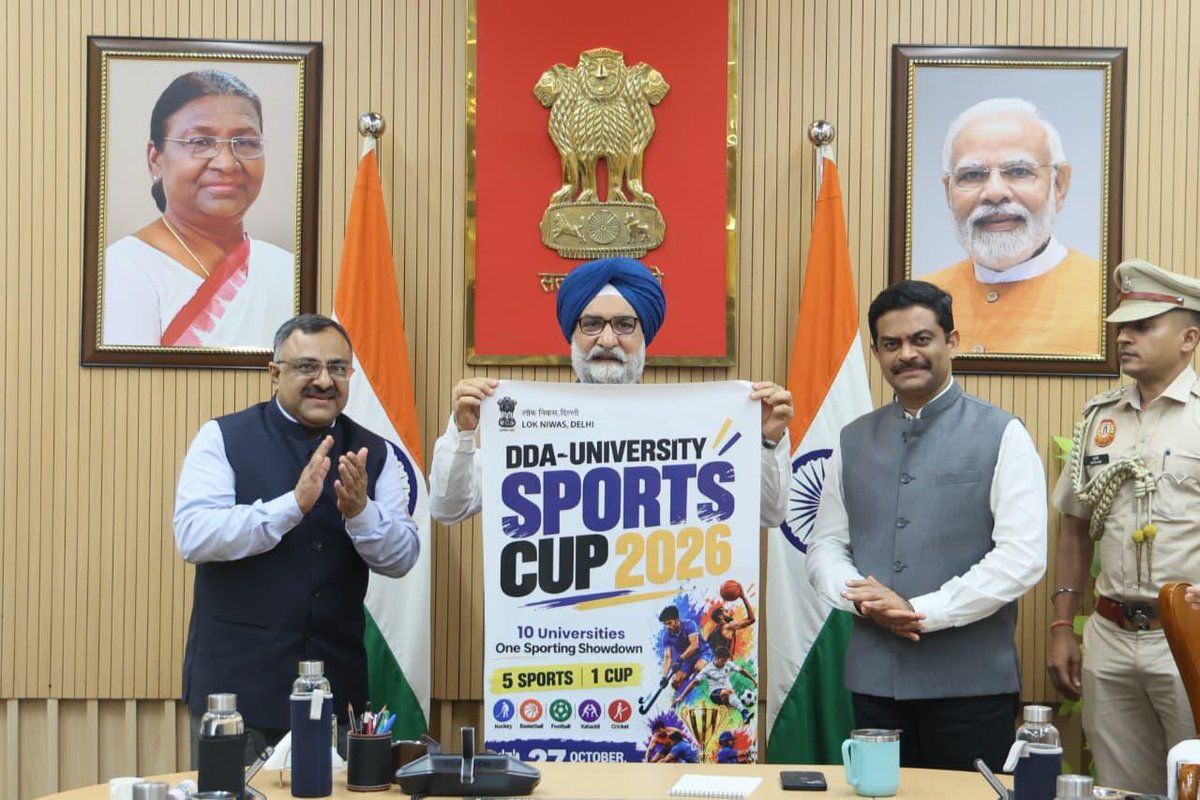 LtGovDelhi's tweet photo. Unveiled the curtain-raiser poster and video of the DDA-University Sports Cup 2026, alongside the Vice Chancellor, @dtu_delhi and Vice Chairman, @official_dda.

With 10 universities competing across 5 team sports, the inaugural Cup, beginning 27 October, will give young athletes a platform to test their mettle, showcase their talent and pursue excellence.

Inspired by Hon’ble PM Shri @narendramodi Ji’s vision of harnessing Yuva Shakti, we are committed to nurturing sporting talent, strengthening sports infrastructure and building a #ViksitDilli where young people can turn their potential into achievement.

May the best of Delhi’s youth shine on the field! Best wishes to all participating teams. 🇮🇳