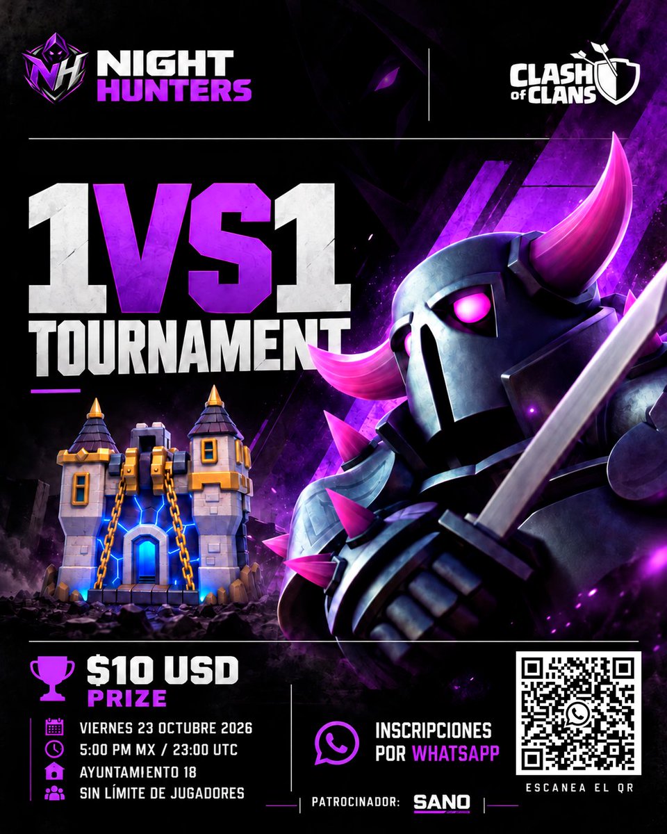 NH_Esport5's tweet photo. ⚔️ NIGHT HUNTERS 1VS1 🏆

💰 $10 USD
📅 23 OCT | 23:00 UTC
🏰 TH18 | 🌎 AMER &amp; EUR
👥 Cupos ilimitados
📲 ¡Inscríbete aquí o  mediante el Qr!
https://t.co/lu1BLyVkmI…
#ClashOfClans #NightHunters https://t.co/m44oCE7JzY