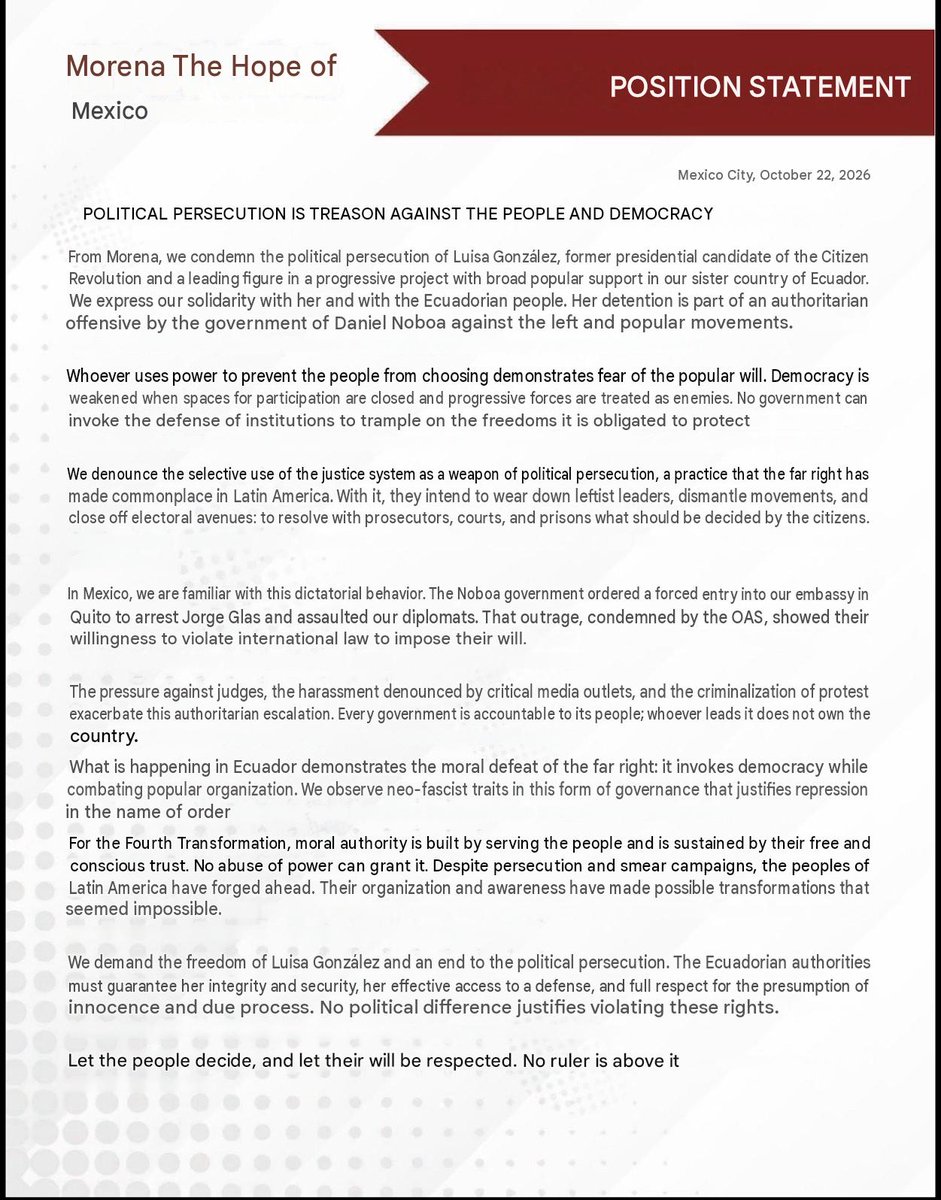 VOMexico's tweet photo. 🇲🇽🇪🇨 Mexico’s ruling party, Morena, has issued a statement condemning what it describes as political persecution in Ecuador against Luisa González, former presidential candidate for Citizen Revolution.

Morena reaffirmed its solidarity with Ecuador's progressive movement. https://t.co/7DmncRwGch
