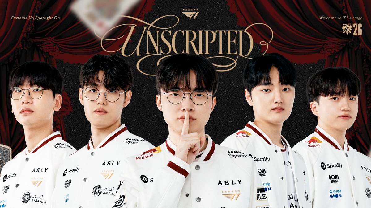T1LoL's tweet photo. 𝗪𝗼𝗿𝗹𝗱𝘀 𝟮𝟬𝟮𝟲 𝗧𝟭 𝗥𝗼𝘀𝘁𝗲𝗿
 𝗨𝗻𝘀𝗰𝗿𝗶𝗽𝘁𝗲𝗱: 𝗖𝘂𝗿𝘁𝗮𝗶𝗻𝘀 𝗨𝗽 
 
#TogetherAs1 #Worlds2026 https://t.co/1B5eBtDku7