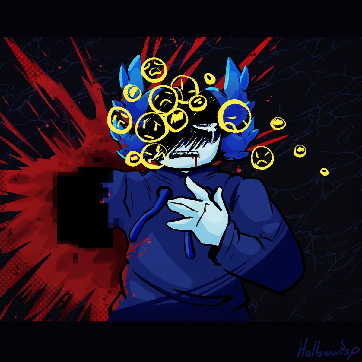 Hallowwisp's tweet photo. // blood, gore, eyestrain (?)  

Did it hurt when you fell from heaven? https://t.co/dP8JWUfayY