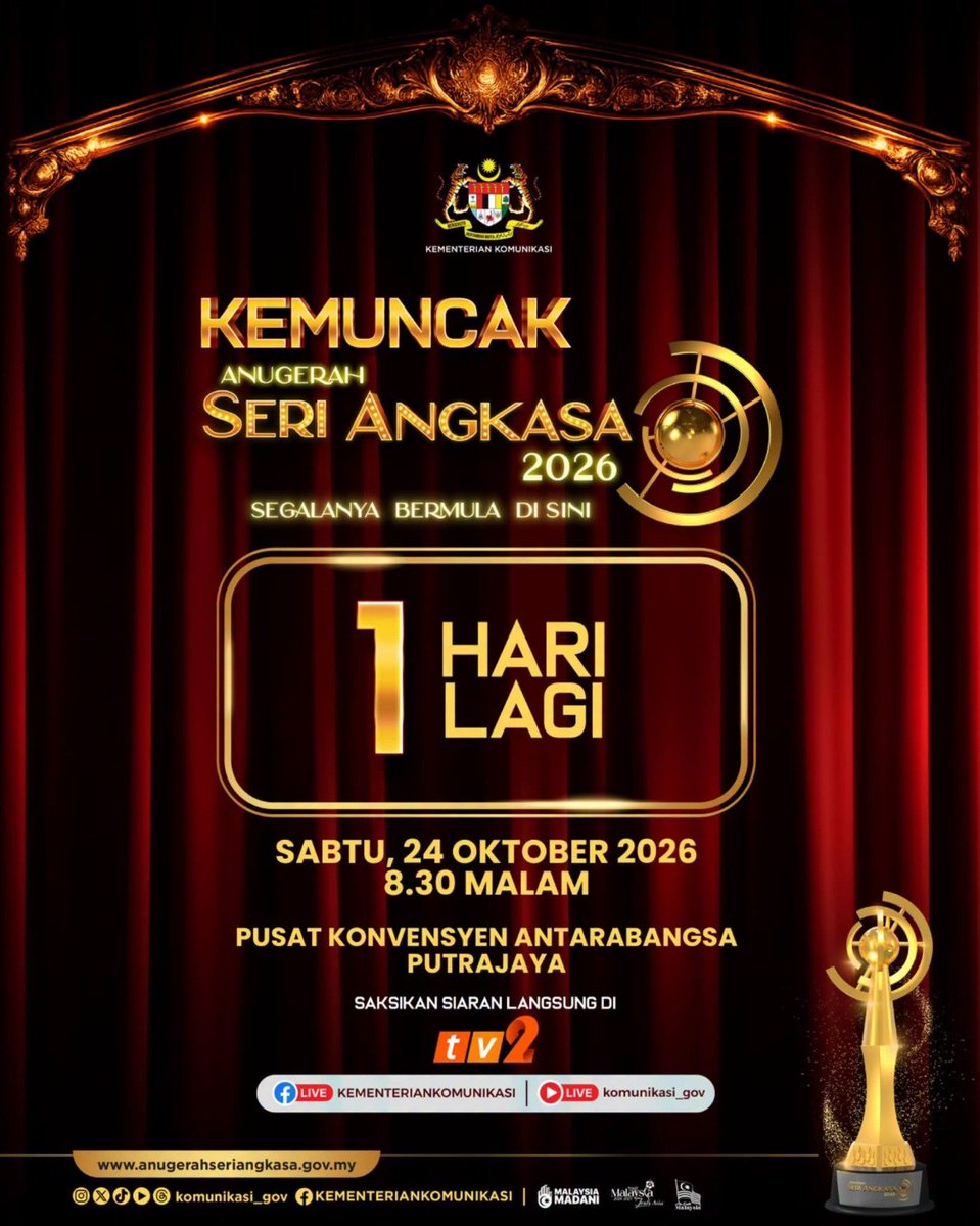 JPenerangan's tweet photo. 1 𝐇𝐀𝐑𝐈 𝐋𝐀𝐆𝐈 𝐌𝐄𝐍𝐉𝐄𝐋𝐀𝐍𝐆 𝐊𝐄𝐌𝐔𝐍𝐂𝐀𝐊 𝐀𝐍𝐔𝐆𝐄𝐑𝐀𝐇 𝐒𝐄𝐑𝐈 𝐀𝐍𝐆𝐊𝐀𝐒𝐀 𝟐𝟎𝟐𝟔

Bertemakan “Segalanya Bermula Di Sini”, Kemuncak Anugerah Seri Angkasa 2026 akan berlangsung pada Sabtu, 24 Oktober 2026, https://t.co/fNDamy83dk