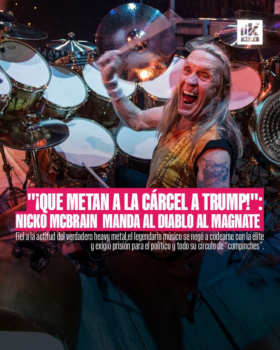 LokuraFM_MX's tweet photo. ¡El heavy metal no se arrodilla! A sus 74 años, Nicko McBrain (exbaterista de Iron Maiden) rechazó ir a jugar golf con Donald Trump y lo tundió sin filtro en su autobiografía. ¡Pura actitud anti-sistema y colmillo intacto! ⚡️ ¿Qué opinas de su postura? 👇 #IronMaiden  #LokuraFM https://t.co/hZoFdXXCwj