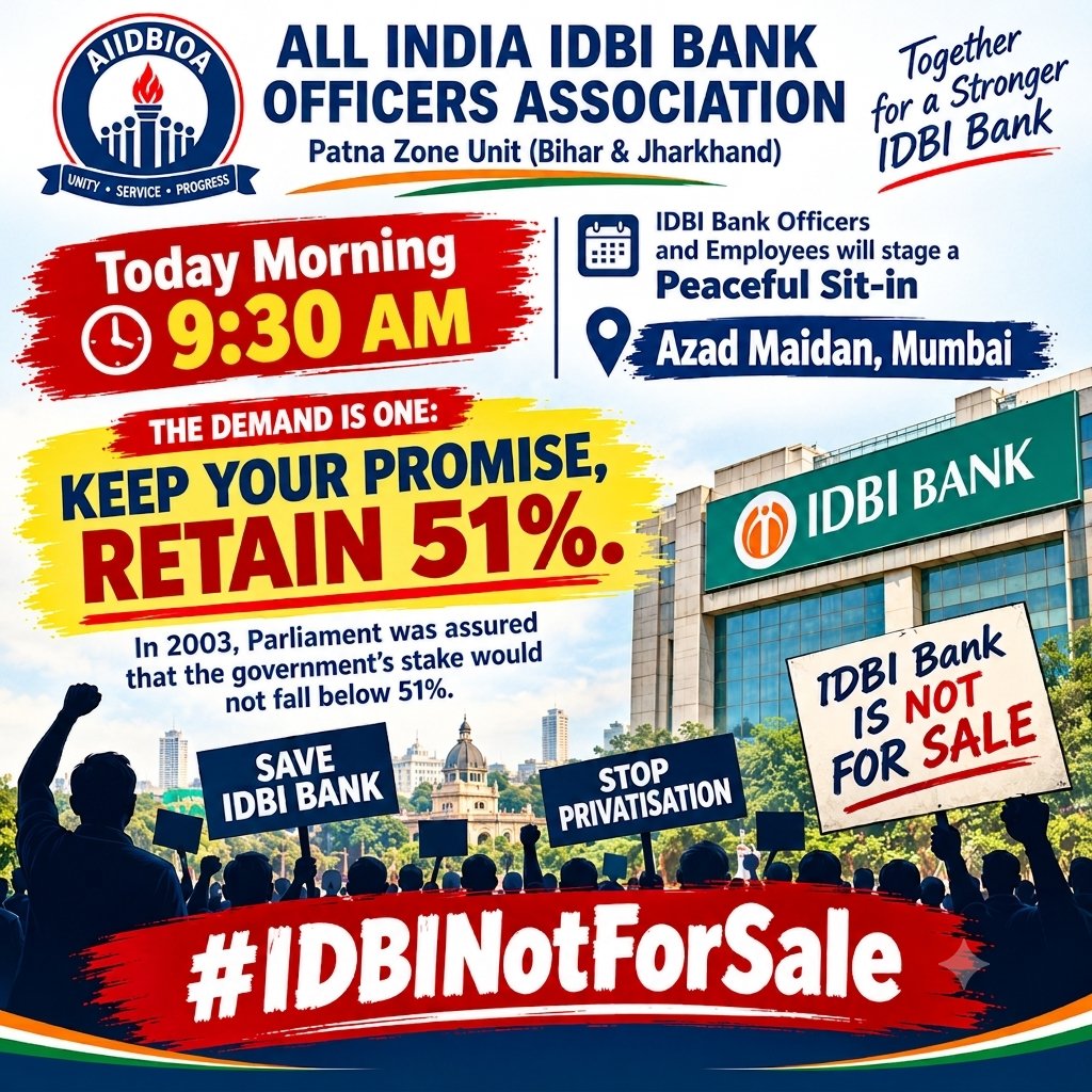 AIIDBIOA_BIHAR's tweet photo. Keep Your Promise @DFS_India @FinMinIndia @PMOIndia @rashtrapatibhvn 

#IDBIBankIsNotForSale 
#SaveIDBIBank 
#SaveIDBI
#SavePSBs
#StopPrivatisation https://t.co/tYR0ldc9or