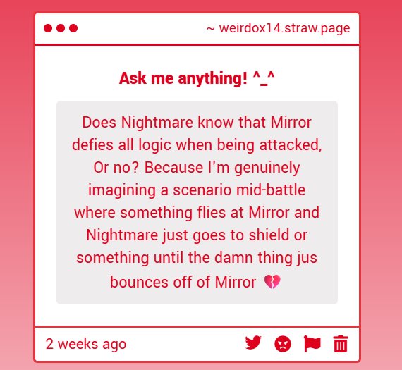 WeirdWindow's tweet photo. Yeah! Nightmare knows, but he’d rather Mirror not join in on the fights because he wants to keep Mirror’s abilities a secret and use him to his advantage when the time is right, although sometimes... https://t.co/qRi48Nhvtn