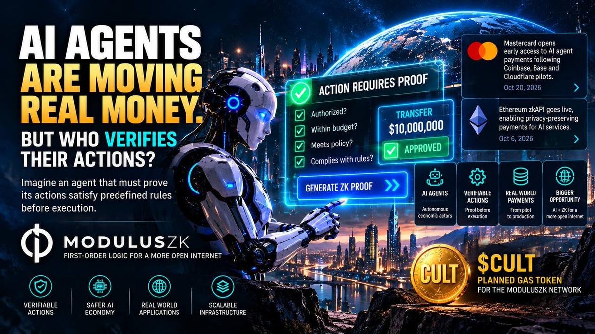 cultdao_LayerX's tweet photo. #AI agents are starting to move real money.
@Mastercard is exploring agent payments.
@ethereum now has #ZK -powered private #API payments.
But here's the trillion-dollar question:
Who verifies that an AI agent was actually AUTHORIZED to do what it did?
Imagine an agent that MUST prove its actions satisfy predefined rules before execution.
That's why we are watching @ModulusZK and its first-order-logic research.#zkFOL
Not just faster transactions.
Provable rules.
Verifiable actions.
Less blind trust.
Could this be where AI meets the next generation of blockchain infrastructure?
documentation https://t.co/KSlNH49Ye8
$CULT #AI #ZK #zkFOL
credit: @Thecultknight