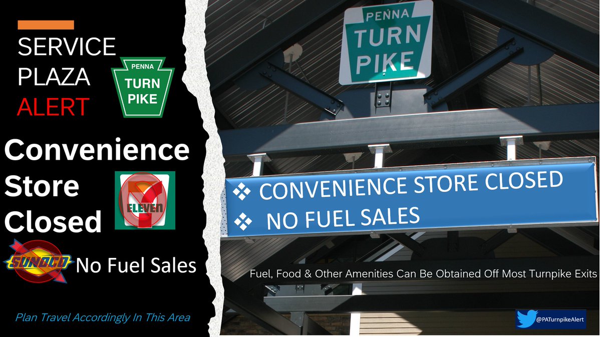 PATurnpikeAlert's tweet photo. SERVICE PLAZA ALERT- The Highspire Service Plaza located at mile marker 249.6 eastbound on #PaTurnpike. The 7-Eleven convenience store is closed and is unable to dispense gasoline or diesel fuel due to remodeling. Fuel may be obtained off Turnpike Interchanges.
@PA_Turnpike @P_M_T_A