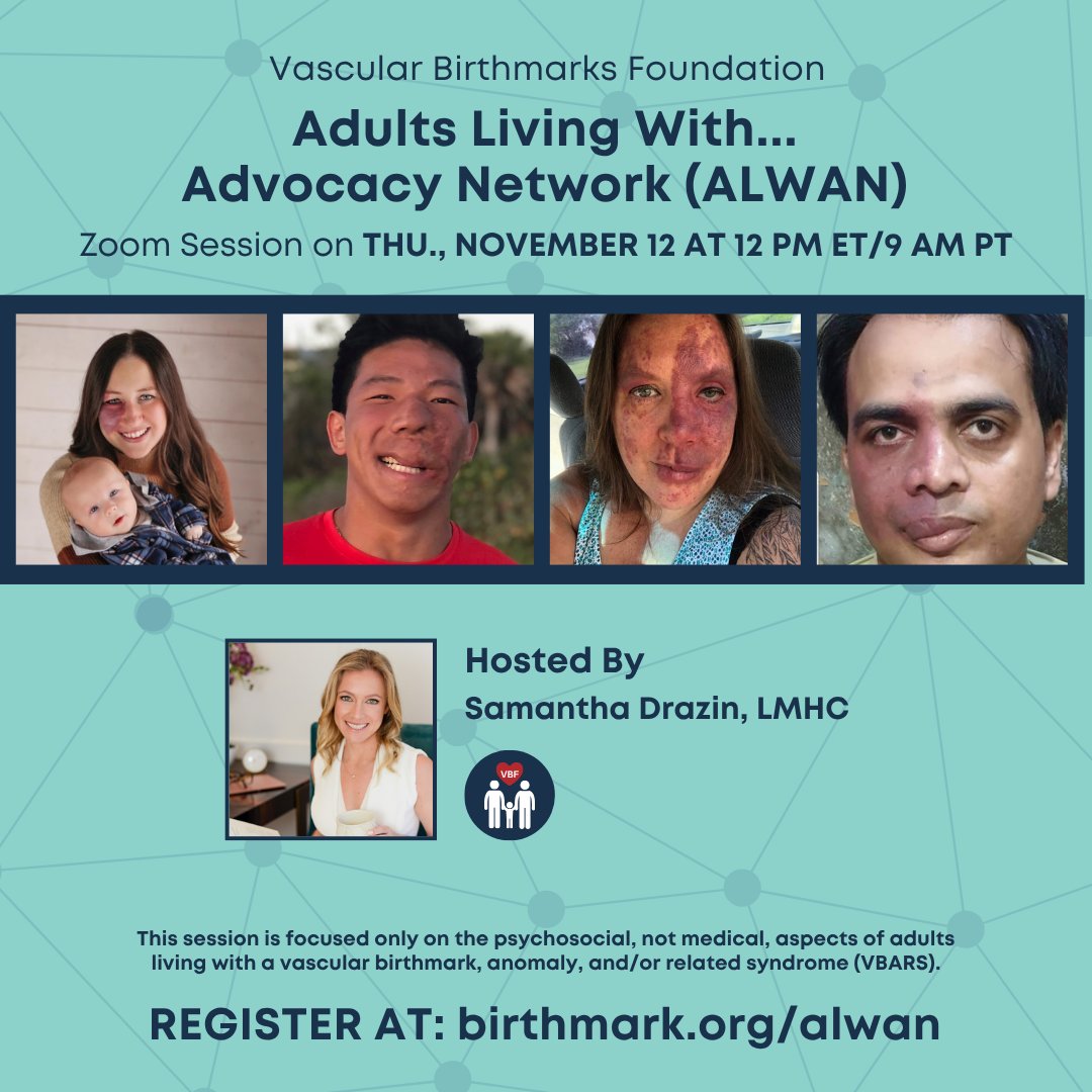 VBirthmarks's tweet photo. Join us for the next Adults Living With Advocacy Network (ALWAN) Zoom session on Thursday, November 12, 2026 at 12 PM ET / 9 AM PT.

Register here: https://t.co/KWOez5Olno

#VBF #Psychosocial #BirthmarkCommunity #LetsTalk https://t.co/jIUegy6ej9