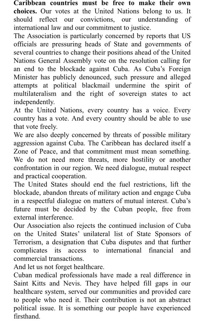 siempreconcuba's tweet photo. 🇰🇳🇨🇺 La Asociación de Amistad #SanCristóbalyNieves- #Cuba emitió una declaración de solidaridad con el pueblo cubano, exigiendo el fin del bloqueo de #EEUU. y el respeto a la soberanía de la isla

#CubaNoEstáSola #ICAPCuba https://t.co/dKQRtF2DBf