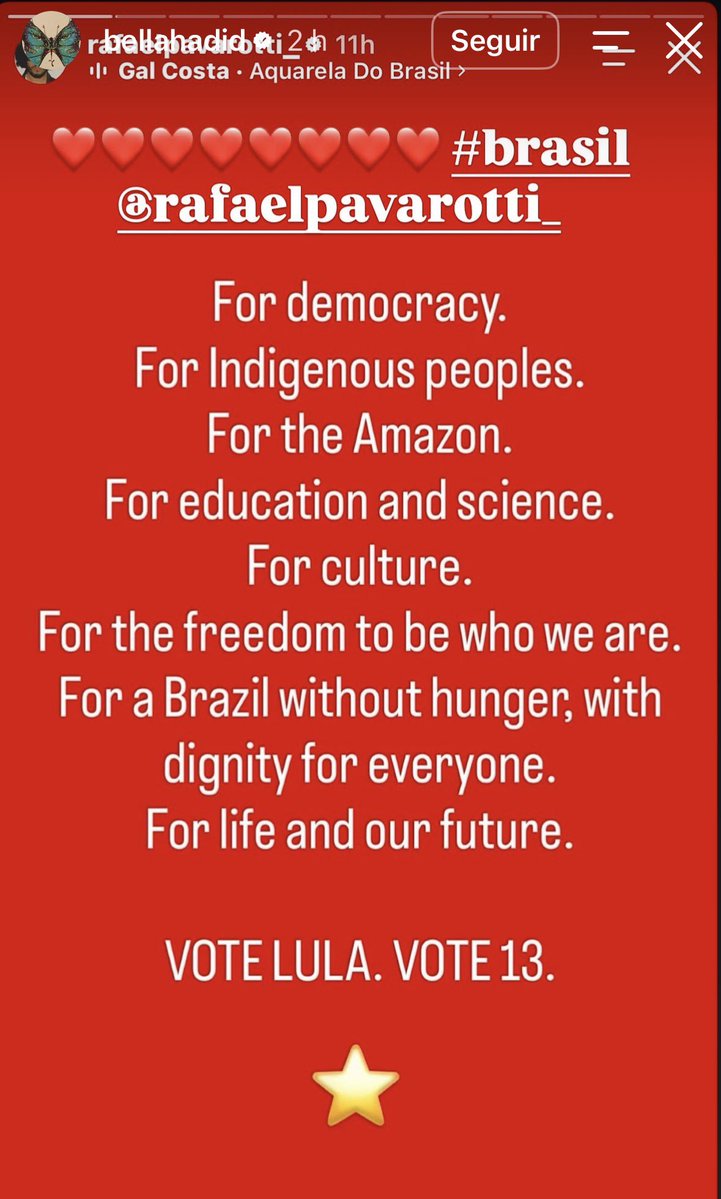 pointcharts's tweet photo. 🚨A supermodelo norte-americana Bella Hadid demonstrou apoio a Lula nas eleições de 2026 em seu story: https://t.co/101aXaynSI