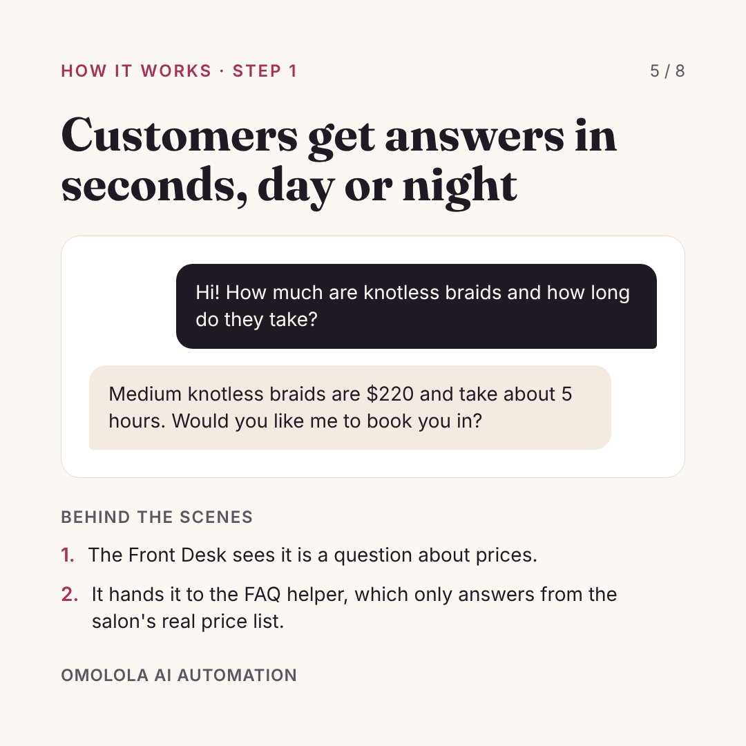 Pollyautomates's tweet photo. One main agent reads every message and passes it to the right helper:

✅ FAQ agent answers prices and hours
✅ The booking agent checks the calendar and books the slot.
✅ Lead agent saves big inquiries and emails the owner.

All of it lands in Google Calendar, Sheets, and Gmail https://t.co/mXnWJsIXlz