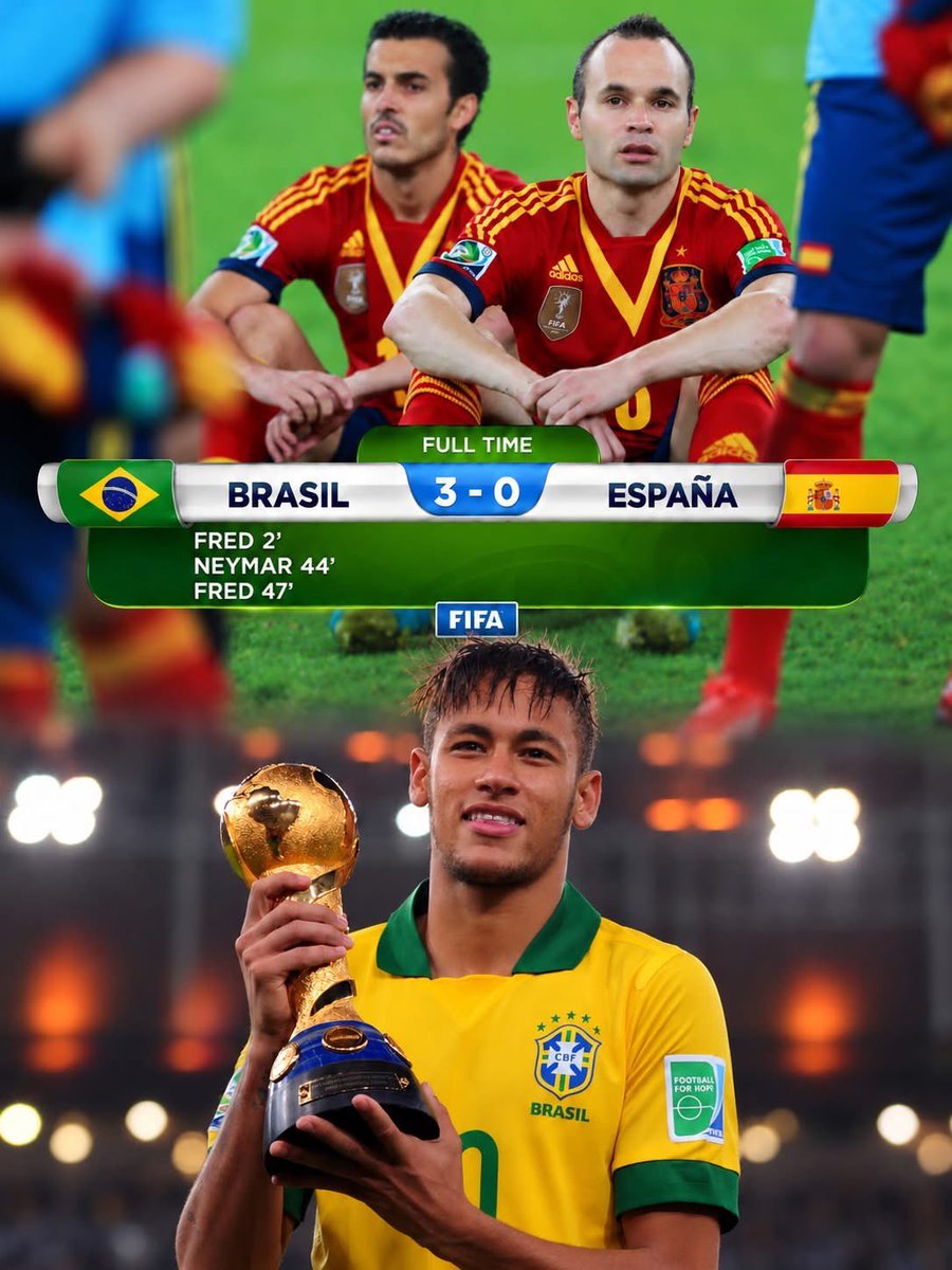 MotivacionesF's tweet photo. ¡¡LA NOCHE QUE BRASIL HUMILLÓ A LA ESPAÑA DE LOS RÉCORDS!! 🔥🇧🇷

El 30 de junio de 2013, el Maracaná fue testigo de una de las mayores exhibiciones de Brasil en el siglo XXI. 🤯

España llegaba como campeona del mundo y bicampeona de Europa, pero la Canarinha la DESTROZÓ de principio a fin. Fred abrió el marcador, Neymar silenció a Casillas antes del descanso y Fred sentenció el 3-0 al inicio de la segunda parte. 

Sergio Ramos falló un penalti, Piqué terminó expulsado y Brasil conquistó su tercera Copa Confederaciones consecutiva. Neymar, además, fue elegido MEJOR JUGADOR DEL TORNEO. 🏆🇧🇷

Aquella noche, Brasil mandó un mensaje al mundo: estaba lista para conquistar el Mundial de 2014 en casa… aunque la historia terminaría siendo muy diferente. 👀

¿FUE ESTE EL MEJOR PARTIDO DE NEYMAR CON LA SELECCIÓN BRASILEÑA? 🇧🇷🐐