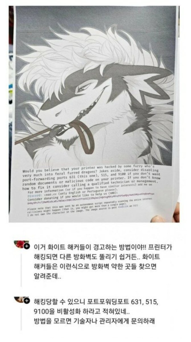 Purple3Green's tweet photo. 이게 무슨
남의집 프린터(+방화벽) 보안이 뚫리기 쉽게 설정되어 있어서 남의집 프린터에 원격으로 퍼리짤 뽑은 다음에 조심하라고 해결법까지 친히 적어서 알려주는 퍼리해커 같은 사건이 https://t.co/uhHxdyMxuz
