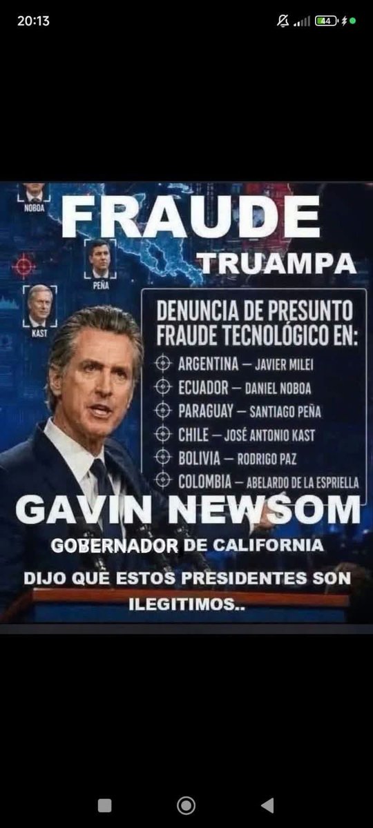 mateoelflautist's tweet photo. Fraude en las elecciones para presidente en Colombia y otros países de AL denuncia el gobernador de California EEUU, señor Gavin Newsom. Y aquí todavía el @consejodeestado sigue durmiendo una decisión ! https://t.co/oeYlmmqjDM