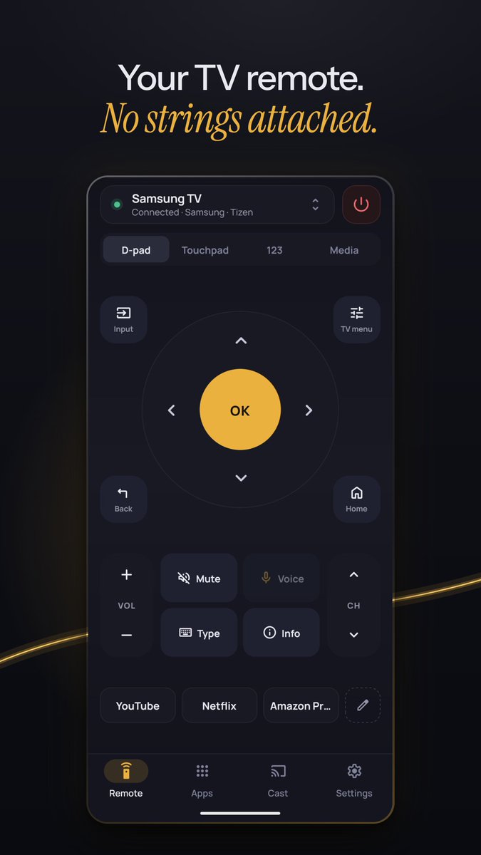 tv_remotely's tweet photo. That feeling when the remote's been lost in the couch for the 400th time.

Samsung, LG, Sony, Roku, Fire TV, Apple TV — TV Remotely controls them all from your phone. D-pad, keyboard, volume, casting.

No IR blaster. No login. Just Wi-Fi. https://t.co/p9ohJ3FNr4