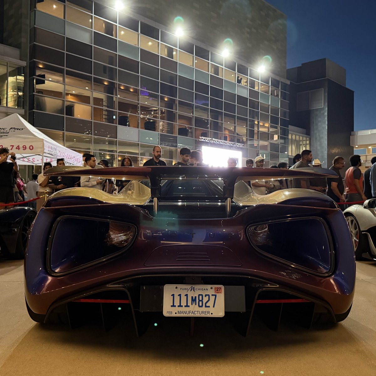 Serenity_Now247's tweet photo. Lotus Evija, Lotus’s first pure EV, 2,000 horsepower across four motors, zero to sixty in under 2 seconds, and only 130 ever being built at around $2.1 million each. I was lucky to spot one the other night at the Long Center with friends @artsimage & @AdanGuajardo it’s a gorgeous car! I love how the license plate light project on the ground behind the car ⚡️✨🛸