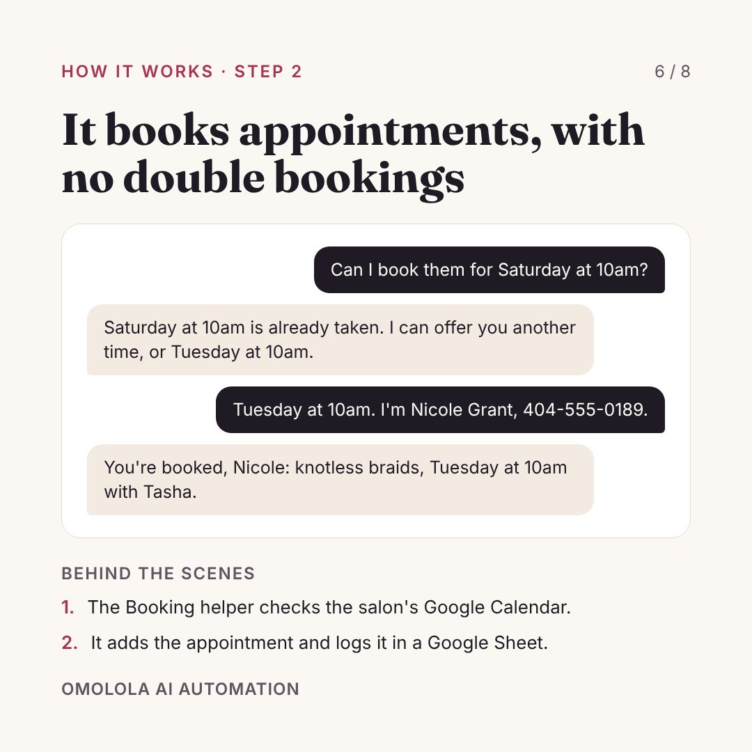 Pollyautomates's tweet photo. One main agent reads every message and passes it to the right helper:

✅ FAQ agent answers prices and hours
✅ The booking agent checks the calendar and books the slot.
✅ Lead agent saves big inquiries and emails the owner.

All of it lands in Google Calendar, Sheets, and Gmail https://t.co/mXnWJsIXlz