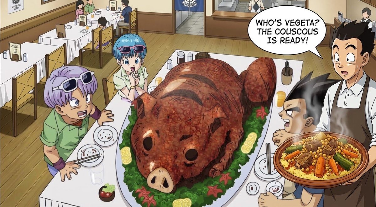 chimzzz96's tweet photo. You guys know NOTHING 😭 Vegeta wasn’t eating pork he was literally waiting for his couscous https://t.co/v8oiw8E1jT