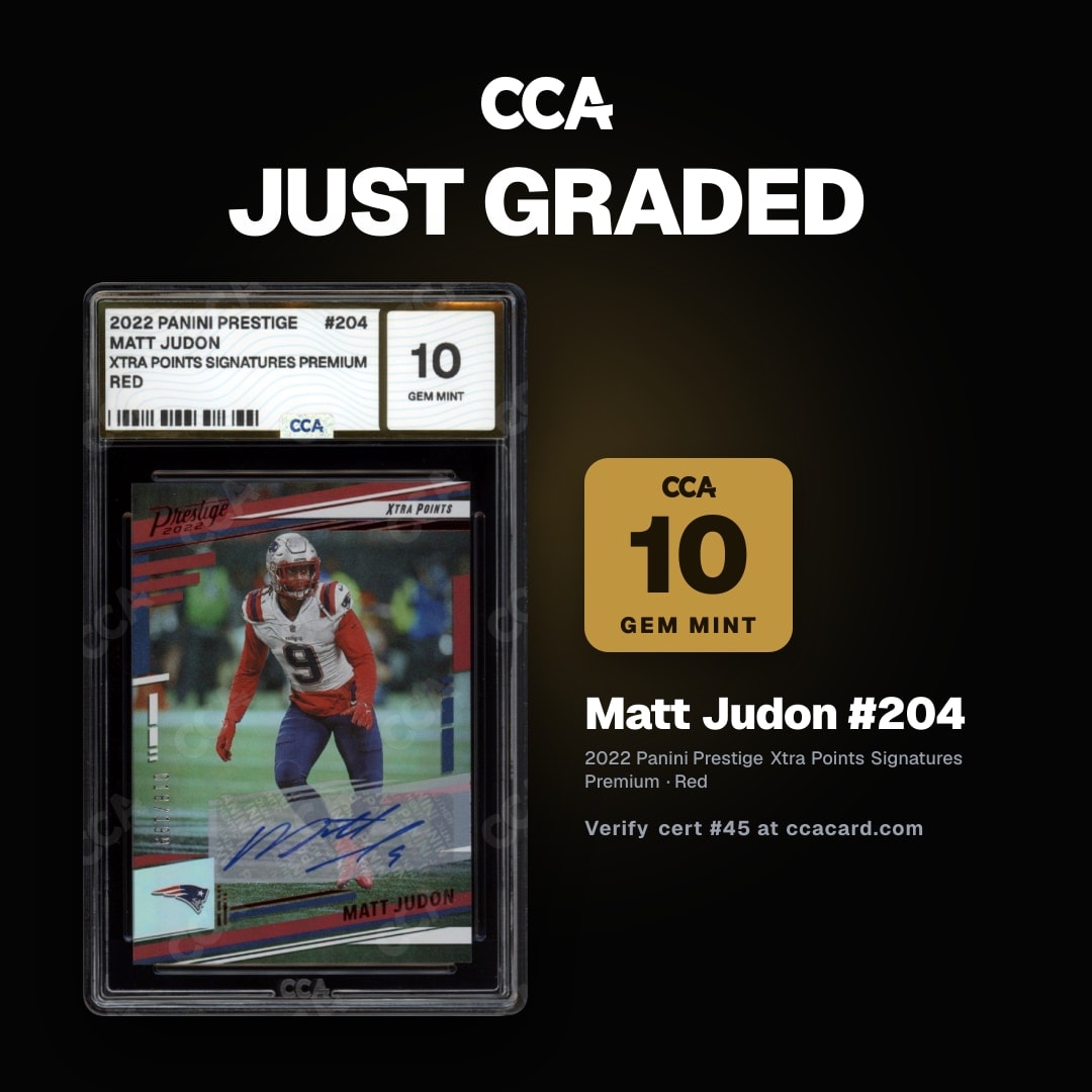 CCACertTracker's tweet photo. 2022 Panini Prestige Xtra Points Signatures Premium Matt Judon #204 Red CCA 10 Gem Mint
Subs: 10 / 9.5 / 9.5 / 10

Cert: https://t.co/zKiVKkB2Nh
Start a submission: https://t.co/RZmjELVoQv

#MattJudon #PaniniPrestige #NFL #FootballCards #CCACard #Panini #GemMint https://t.co/WAu3saeM3l
