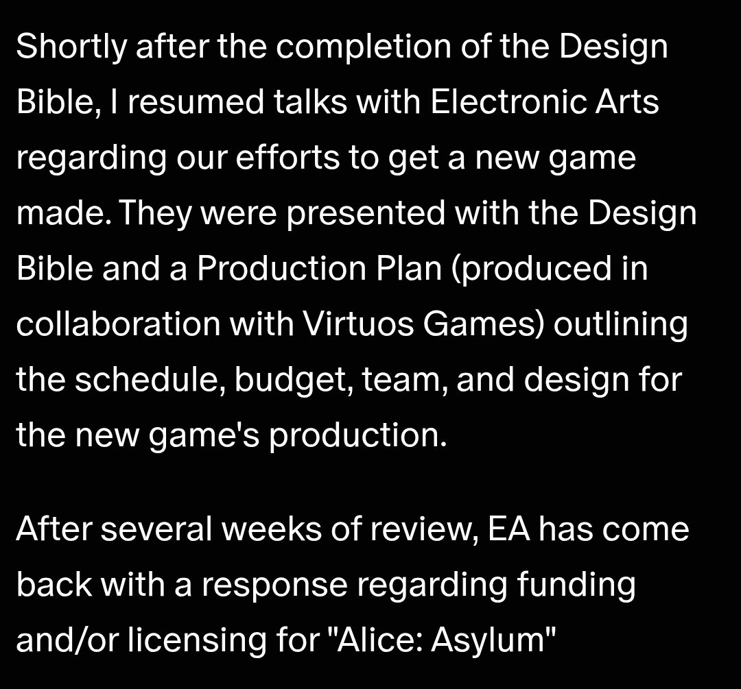 rubyinnes's tweet photo. if how EA handled alice asylum is anything to go off, i have pretty reasonable doubts that they'd be willing to let go of any bioware IP https://t.co/OievefcyGS