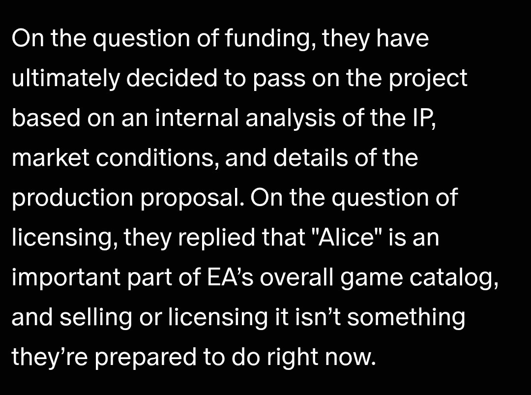 rubyinnes's tweet photo. if how EA handled alice asylum is anything to go off, i have pretty reasonable doubts that they'd be willing to let go of any bioware IP https://t.co/OievefcyGS