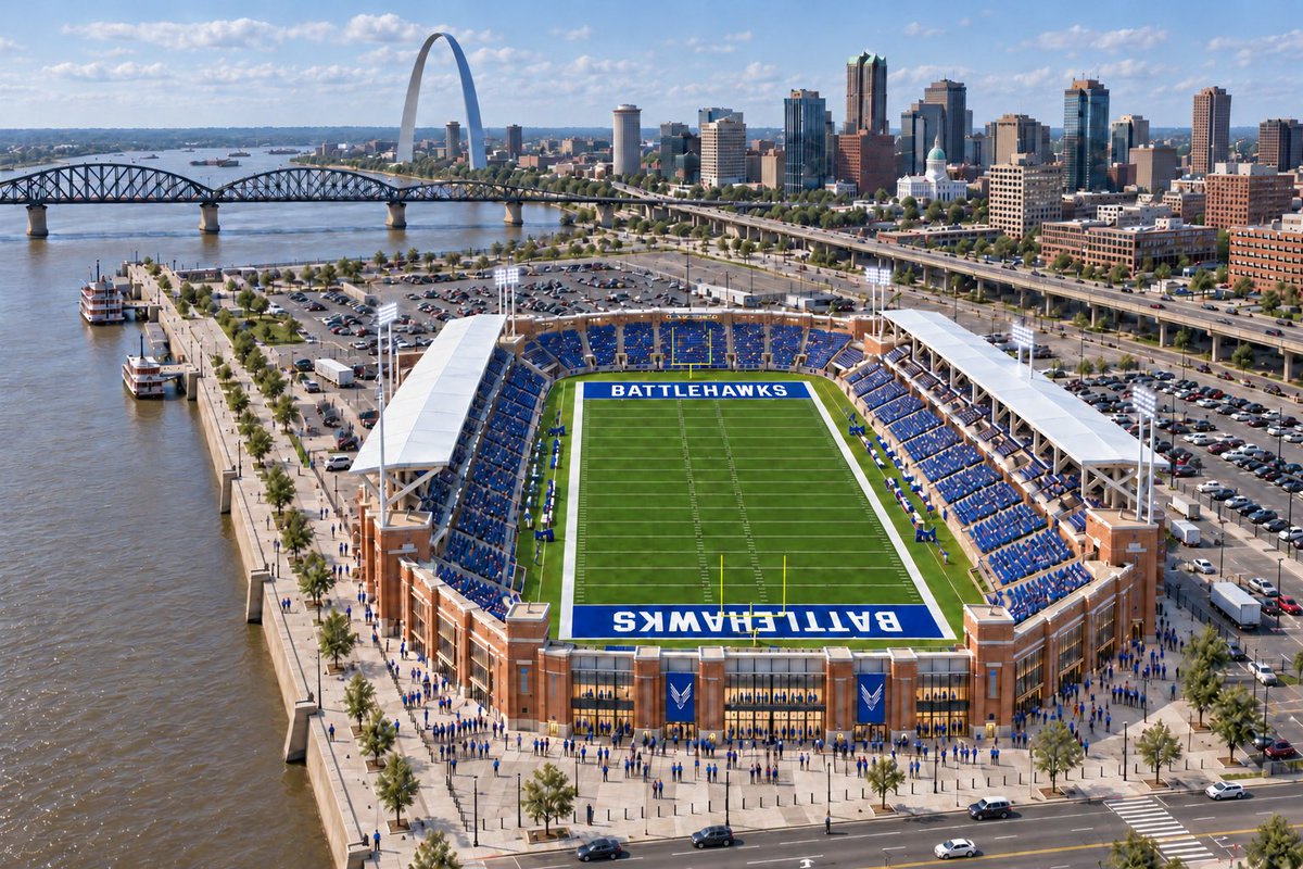 Rustyspooge's tweet photo. Oh man this would be great. Had chatgpt create a 25k seat stadium on the riverfront. $300-350 million all in 🥸. @RepoleStable @BattlehawksUFL @TheUFL https://t.co/xms8V61BfL