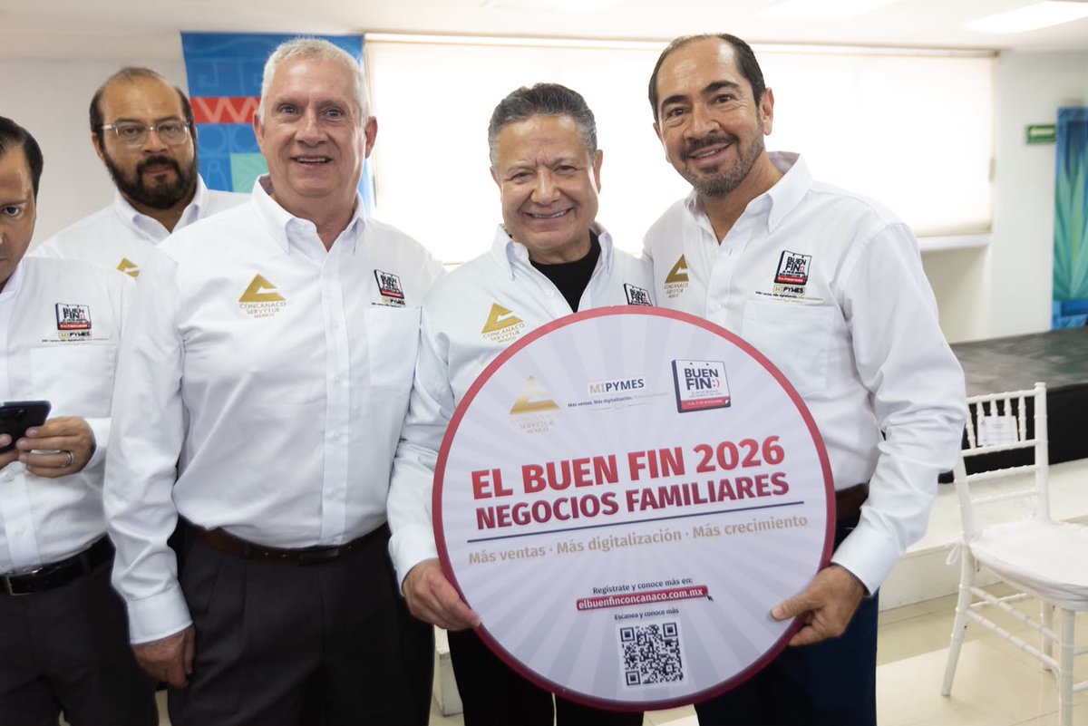 CONCANACO's tweet photo. ¡Ya estamos listos para El Buen Fin 2026!

Durante nuestras Reuniones Institucionales, realizamos la foto oficial de esta nueva edición junto al gobernador @juliomenchaca_, el senador @higinio_mtz, el maestro @SNietoCastillo e integrantes de CONCANACO SERVYTUR.

Como creadores de esta estrategia nacional, nos preparamos para impulsar una vez más el consumo nacional, fortalecer los negocios familiares y abrir más oportunidades para el comercio, los servicios y el turismo. 🛍️

📅 Del 13 al 17 de noviembre de 2026, hagamos equipo para que más personas consuman lo nuestro y más negocios sigan creciendo.

¡Súmate a esta edición y sé parte de El Buen Fin!
🔗 https://t.co/EYpvdg9G3k