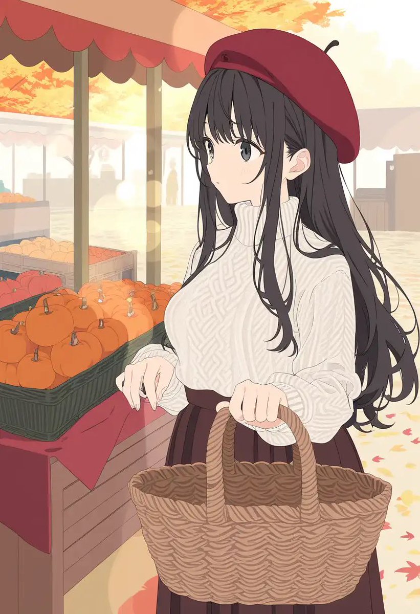 yushi_currents's tweet photo. 秋の朝市（マルシェ）でお買い物

要素：かぼちゃ、りんご、木箱、ニット帽、秋の実り
#AIart #morning #マルシェ #秋 #朝市 #AIイラスト https://t.co/GL5cgoqvDO