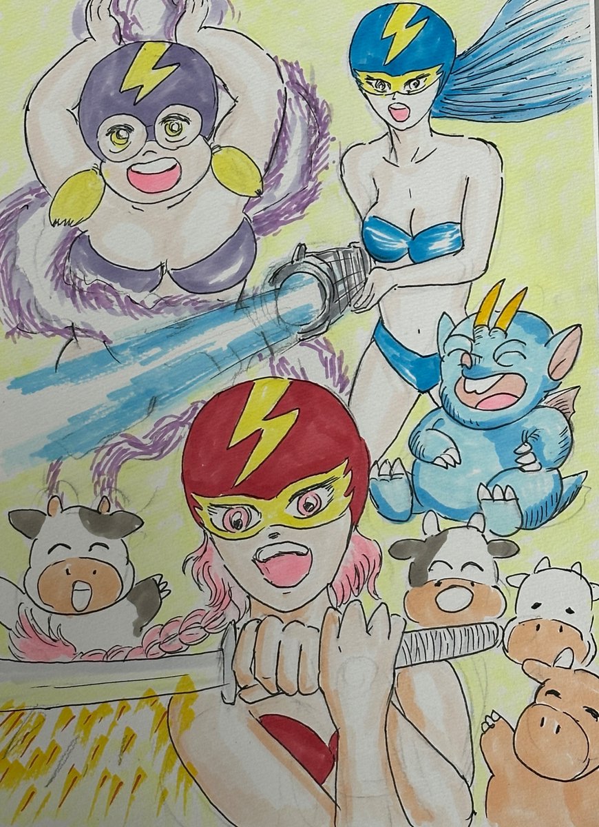 aMwutOwlbygyaSv's tweet photo. #雷電
コンアカ版発売記念にIIの三大武装を擬人化した雷電シスターズを描いてみました😀なぜマスクかと言うと餓狼伝説のライデンの真似だからです(無茶苦茶や)牛さんの強い味方！ドラゴン風の子は隠しキャラのミクラス君です https://t.co/oq9bUPIHnw