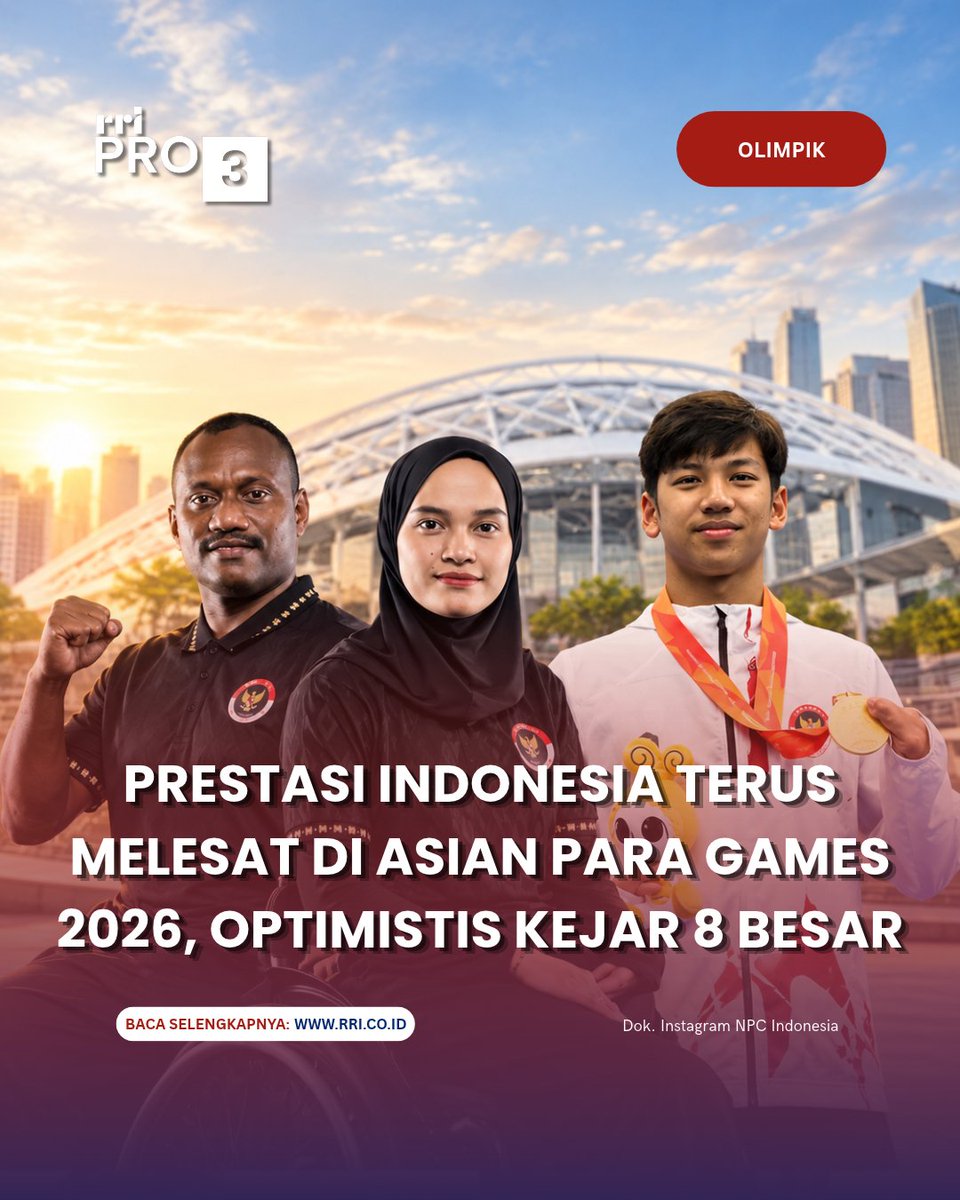 RRIPrograma3's tweet photo. Baca Selengkapnya: https://t.co/0ndLfg8IjP

Indonesia menempati peringkat kesembilan Asian Para Games 2026 dengan sepuluh emas, sebelas perak, dan 31 perunggu.

#kontingenindonesia #atletindonesia #medaliemas #asianparagames2026 https://t.co/lcz1lj8ANm