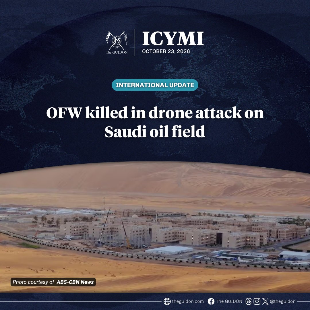 TheGUIDON's tweet photo. INTERNATIONAL UPDATE: An Overseas Filipino Worker (OFW) was killed in a drone attack targeting Saudi Arabia’s Shaybah oil field on October 21.  

The Saudi Ministry of Energy said air defenses intercepted a drone targeting the Aramco Shaybah oil field in the Kingdom’s Eastern Province, near its border with the United Arab Emirates. Falling debris from the intercepted drone killed two expatriates, the mentioned OFW and a Nepali, and injured two others, a Pakistani and an Indian national. Reports have yet to identify who was behind the attack.  

Overseas Workers Welfare Administration (OWWA) Administrator Patricia Yvonne Caunan said the agency had been notified of the incident and is awaiting a formal report from Saudi authorities. OWWA, the Department of Migrant Workers, and the Philippine Embassy in Riyadh are currently handling the situation and are prepared to provide support to the bereaved family.  

#BeyondLoyola