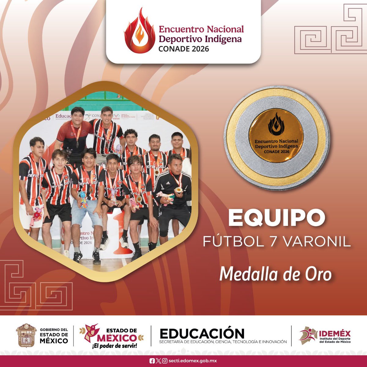 delfinagomeza's tweet photo. En el #EdoMéx contamos con grandes deportistas que siempre nos llenan de orgullo.

🥇 Felicito a nuestras selecciones varoniles de Fútbol 7 y Básquetbol por obtener la medalla de oro durante el Encuentro Nacional Deportivo Indígena 2026, en Chiapas.

Su disciplina y esfuerzo son un orgullo para los pueblos originarios y para las y los mexiquenses. ¡El deporte y nuestras raíces nos unen! 

#ElPoderDeServir
#ElPoderDelDeporte
