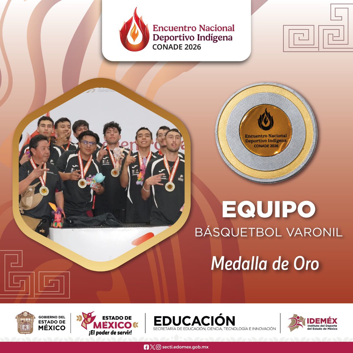 delfinagomeza's tweet photo. En el #EdoMéx contamos con grandes deportistas que siempre nos llenan de orgullo.

🥇 Felicito a nuestras selecciones varoniles de Fútbol 7 y Básquetbol por obtener la medalla de oro durante el Encuentro Nacional Deportivo Indígena 2026, en Chiapas.

Su disciplina y esfuerzo son un orgullo para los pueblos originarios y para las y los mexiquenses. ¡El deporte y nuestras raíces nos unen! 

#ElPoderDeServir
#ElPoderDelDeporte