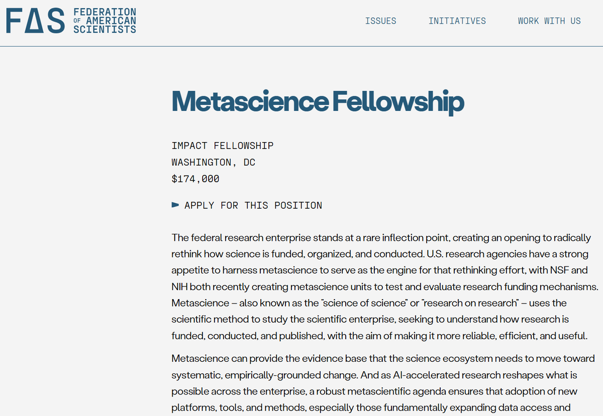 Afinetheorem's tweet photo. Econ of science folks - this position via FAS is really interesting if you want policy impact. Essentially, it's a metascience/econ of science position embedded quite high up at places like DOE. They allocate *billions* to R&amp;D, w/ big changes due to AI/Genesis/OSTP doc/etc. https://t.co/FrkwSP9Kfi