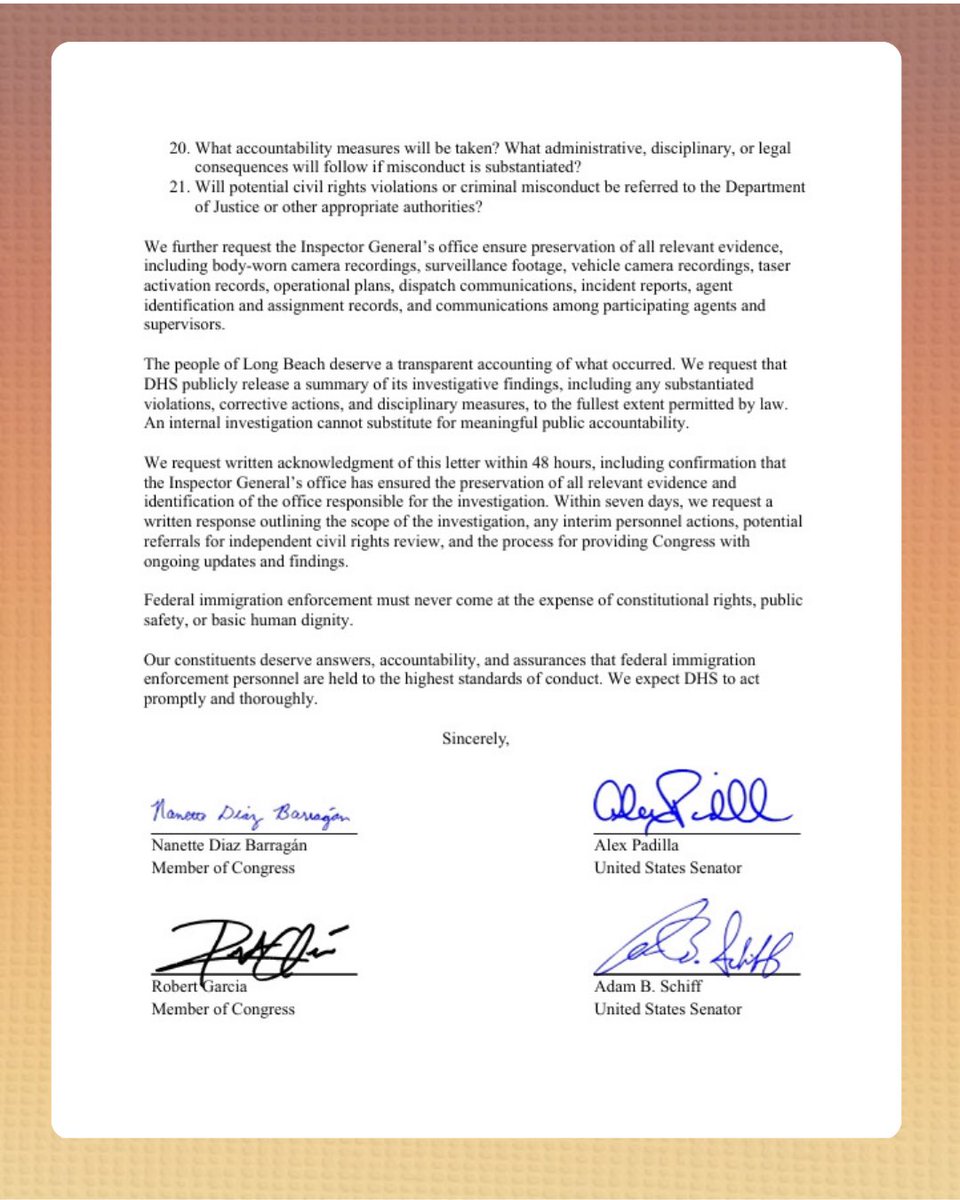 A photographed page from a formal letter, with several paragraphs requesting an investigation, preservation of evidence, and public accountability. The bottom of the page has four handwritten signatures with printed names and titles.