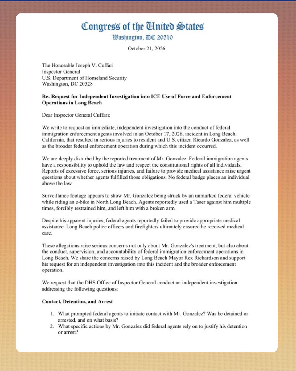 A photograph of a formal letter on white paper, placed against a textured reddish and yellow background. The letter has a government-style heading, a date, an addressee, several paragraphs, and a numbered list. It requests an independent investigation into federal immigration enforcement activity. Text is present throughout.