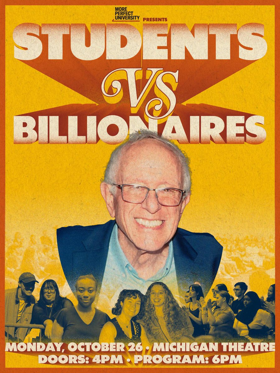MPUniversityUS's tweet photo. More Perfect University is coming back to Michigan! Join us on 9/26 for our Students vs. Billionaires town hall with @BernieSanders! https://t.co/lviqO9Occo