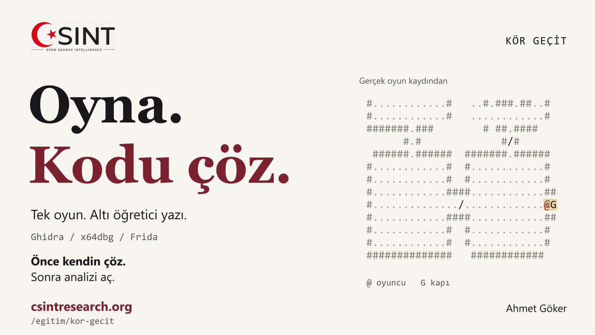 _shadowintel_'s tweet photo. C ile yazdığım Kör Geçit yayında.
Önce oyundaki beş kapı metnini bul, sonra nasıl çözüldüğünü oku. Ghidra, x64dbg ve Frida ile 6 uygulamalı yazı; gerçek komutlar, çıktılar ve sonuçsuz denemeler.

https://t.co/HHUPQ6oice  https://t.co/TFb4QwM8vw