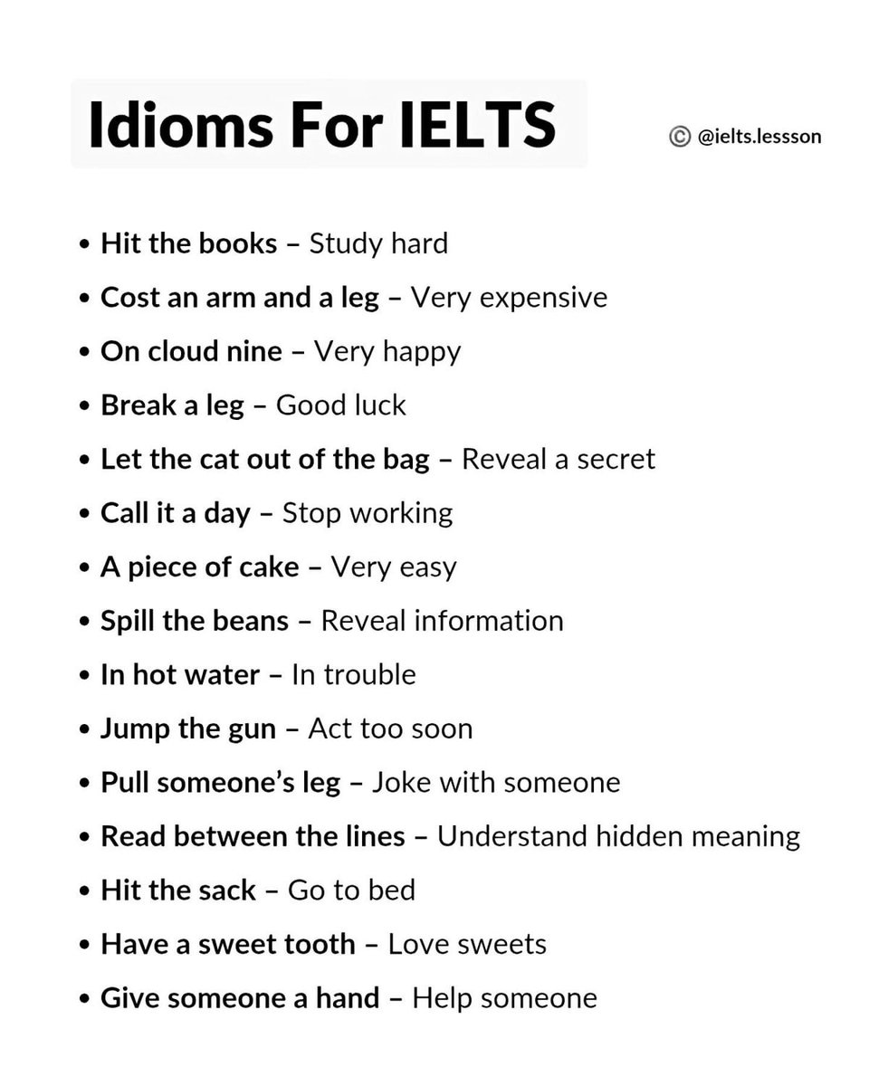 profeingless's tweet photo. Perdí 3 meses estudiando IELTS sin saber que hay idioms que no se deducen por contexto.

Tienes que conocerlos de antemano.

La lista, sin vueltas 👇 https://t.co/uwEw1SBKfe