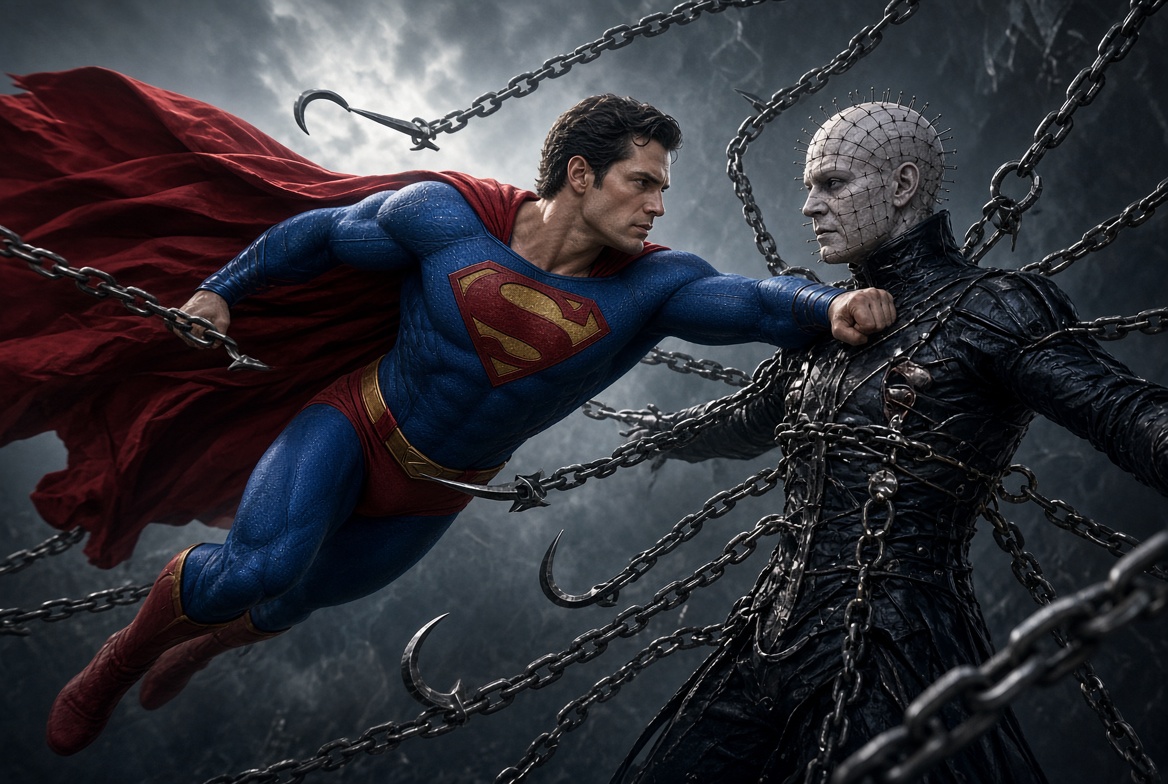 AverageSizeAndy's tweet photo. Henry Cavill is in Hellraiser: Hellworld (2005). 

Superman vs. Pinhead! https://t.co/wx1NILNBSg
